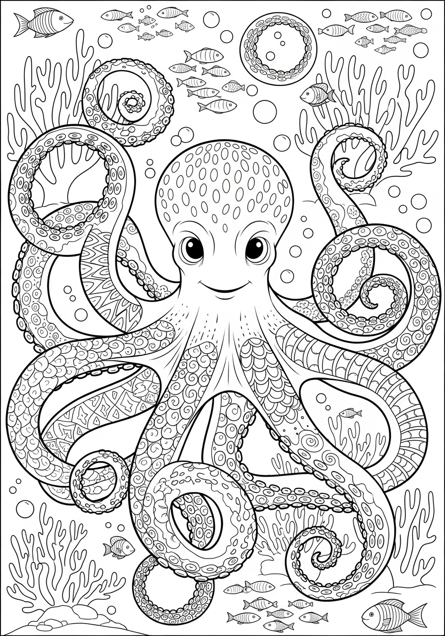 Desenho de Animais Marinhos com Polvo simpático para colorir