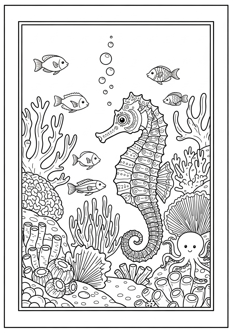 Desenho de Animais Marinhos com Cavalo Marinho para colorir