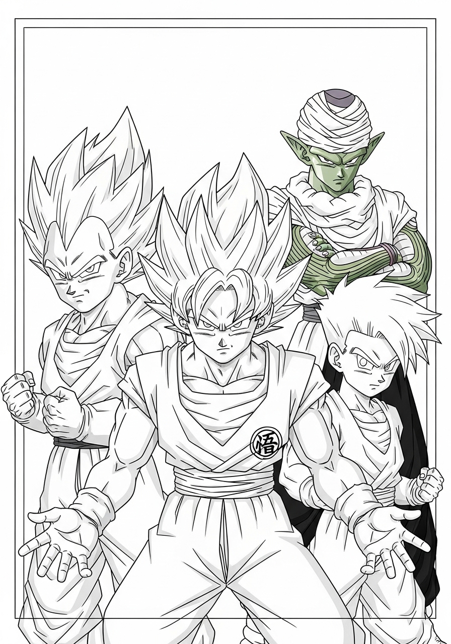 Desenho de Anime com Goku Vegeta Piccolo para colorir