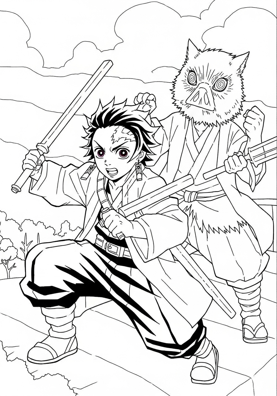 Desenho de Anime Tanjiro e Inosuke de Kimetsu para colorir