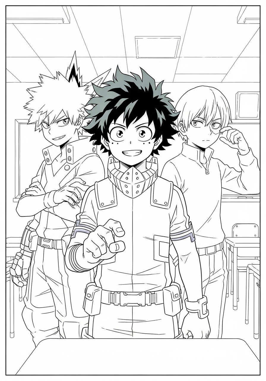 Desenho de Anime com Deku Bakugo e Todoroki para colorir