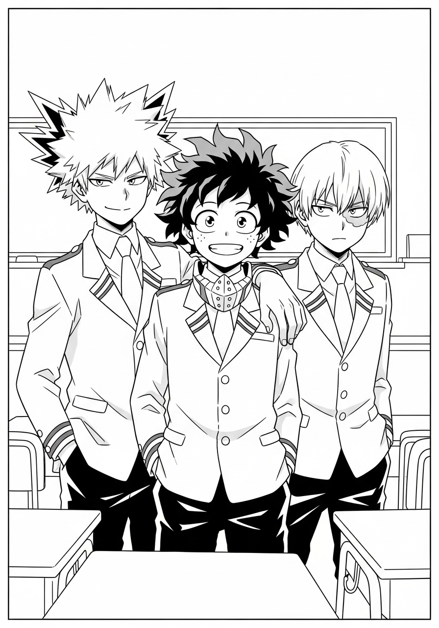Desenho de Anime com Deku Bakugo e Todoroki para colorir