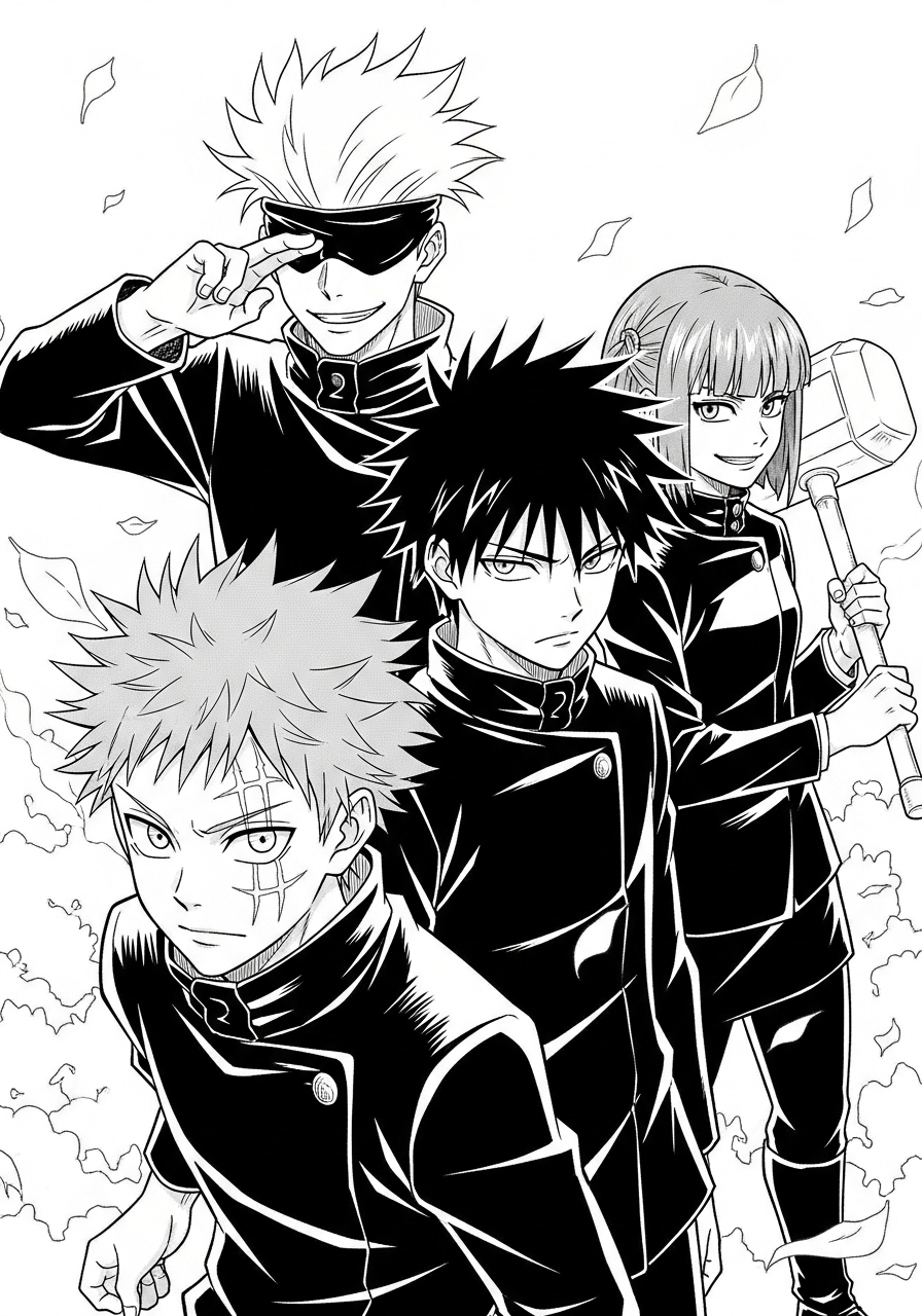 Desenho de Anime com Gojo e equipe de jujutsu prontos