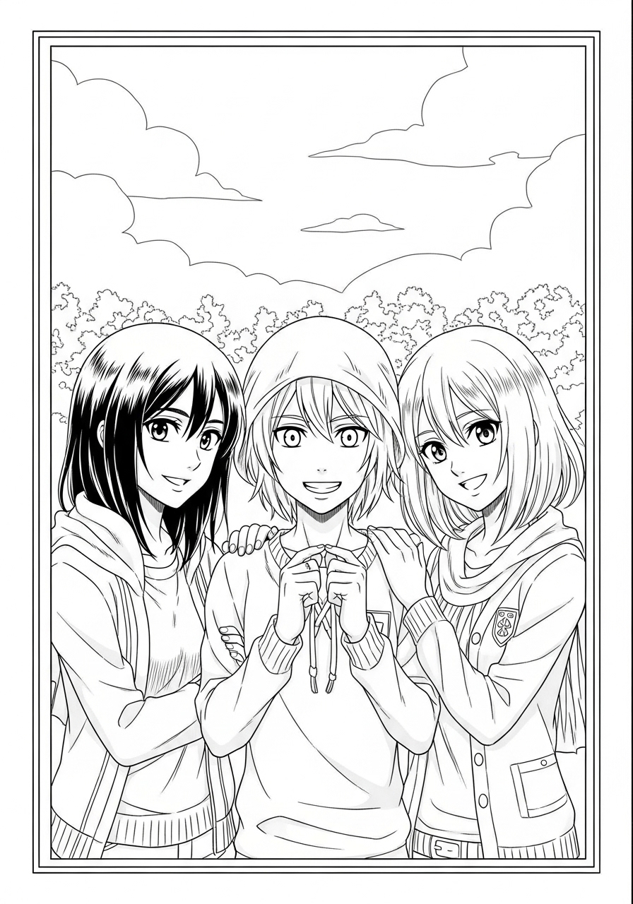 Desenho de Anime com três amigos no parque para colorir