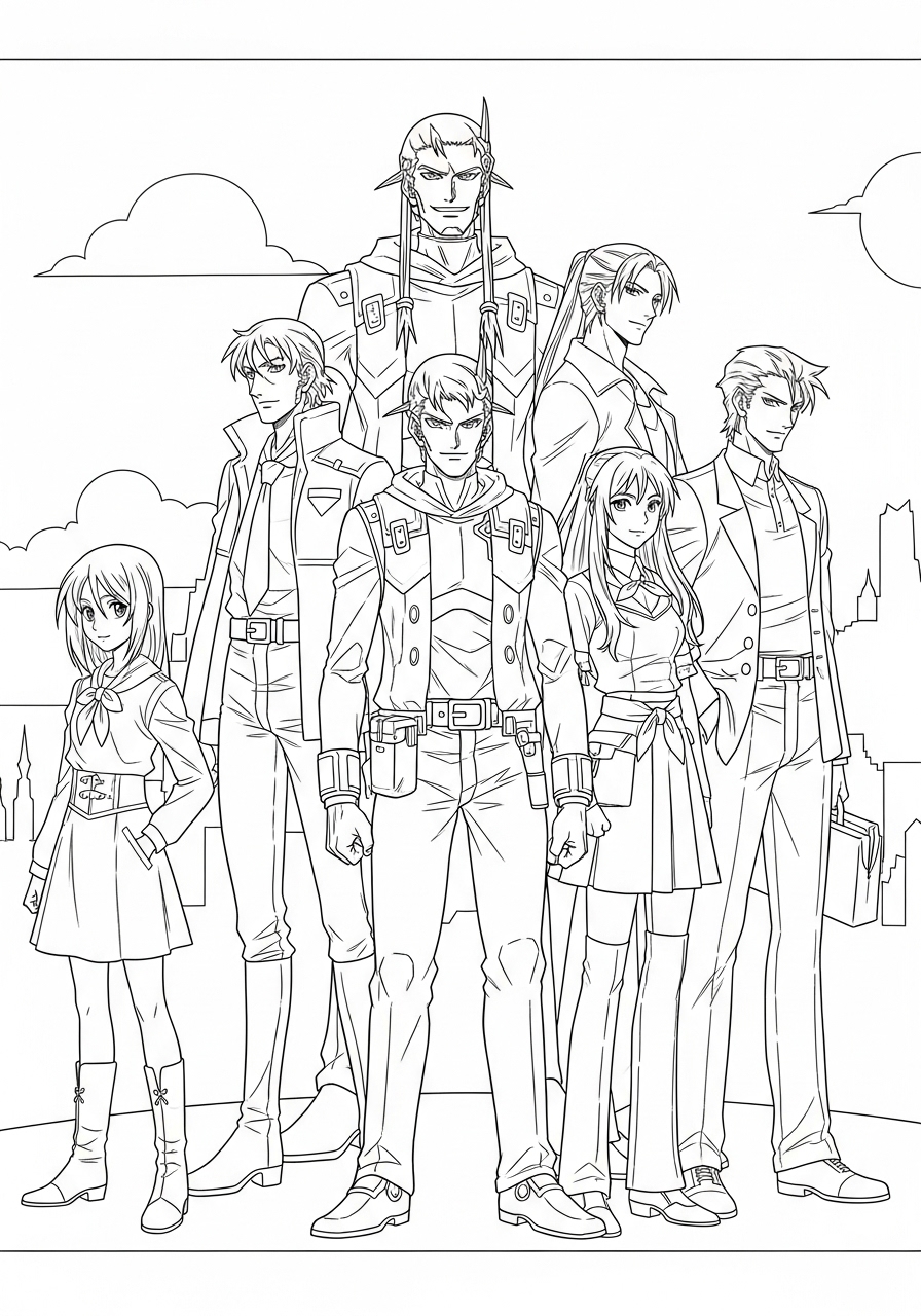 Desenho de Anime com grupo de personagens para colorir