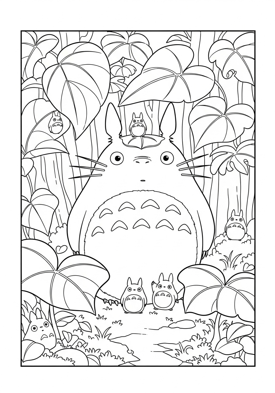Desenho de Anime com Totoro na floresta para colorir