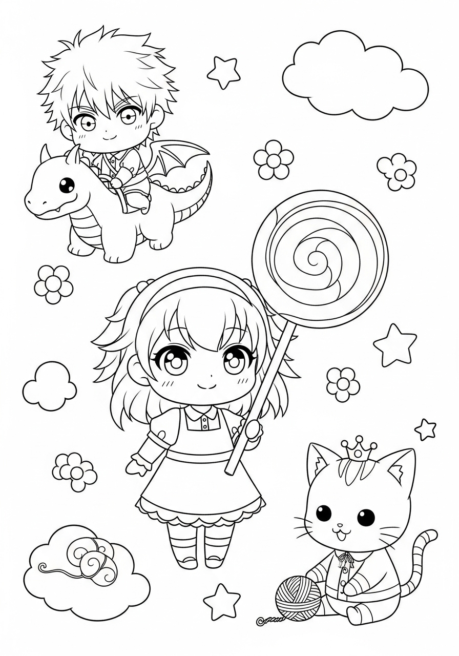 Desenho de Anime com criança dragão e gato para colorir