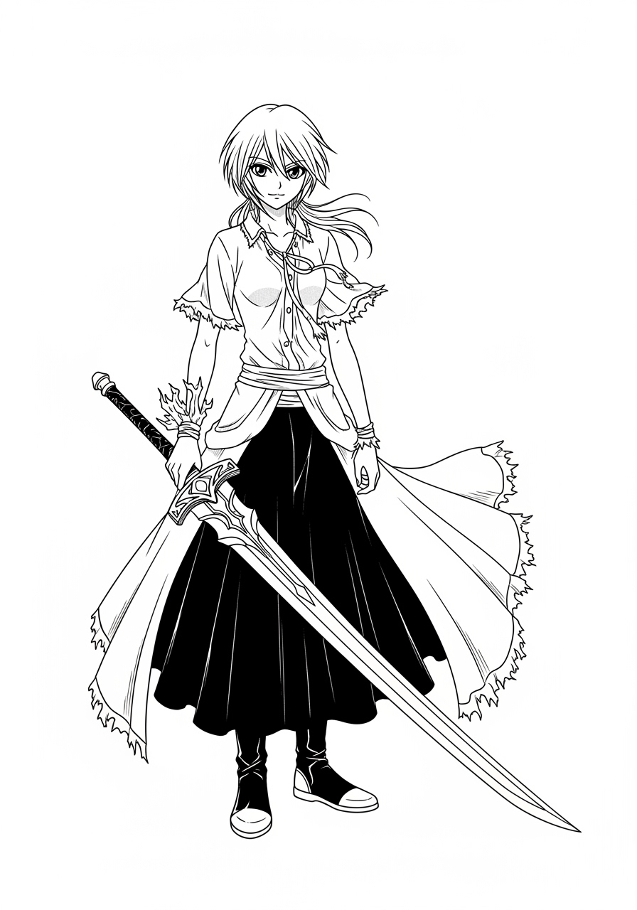 Desenho de Anime personagem com espada grande para colorir