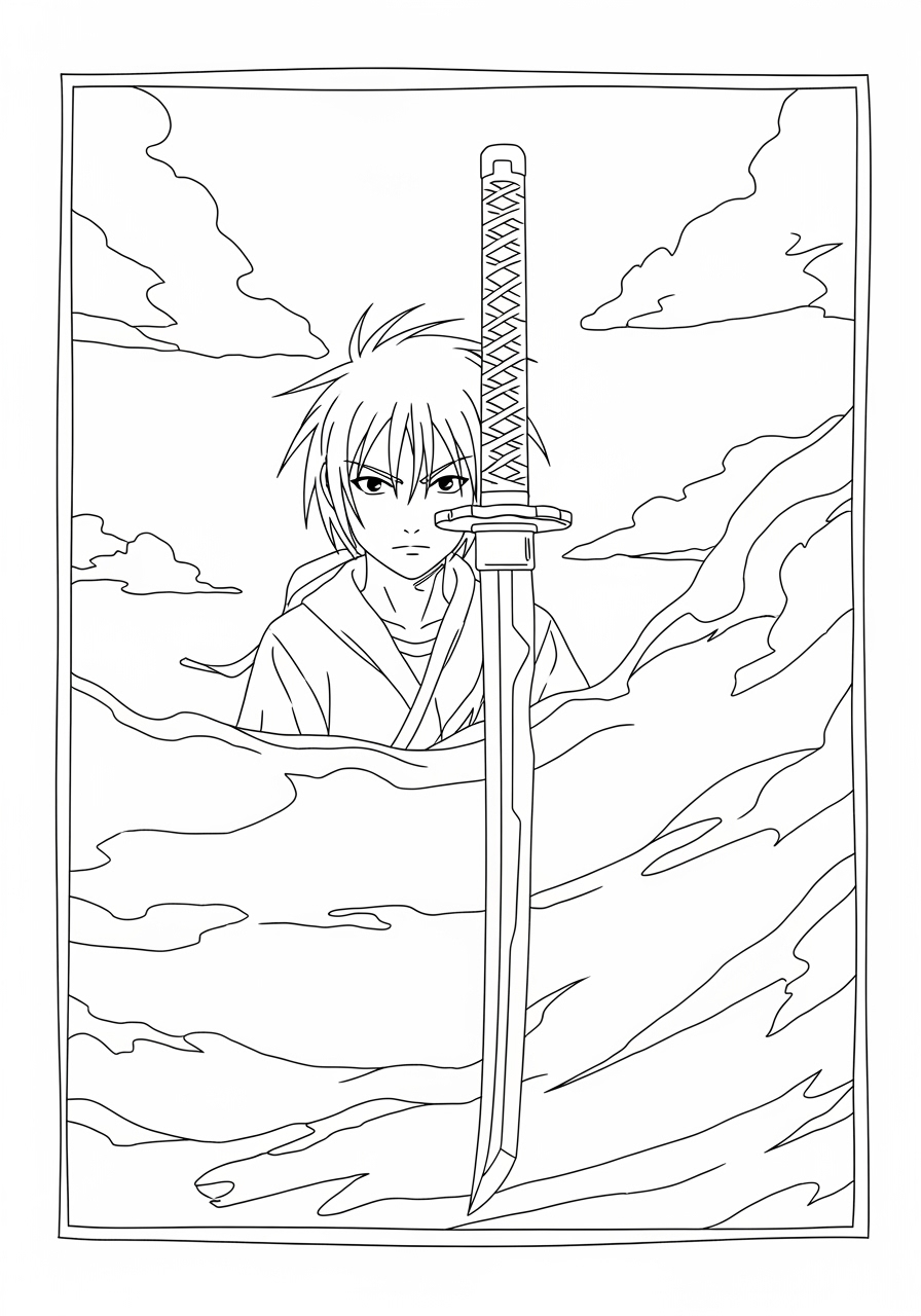 Desenho de Anime com personagem de espada para colorir