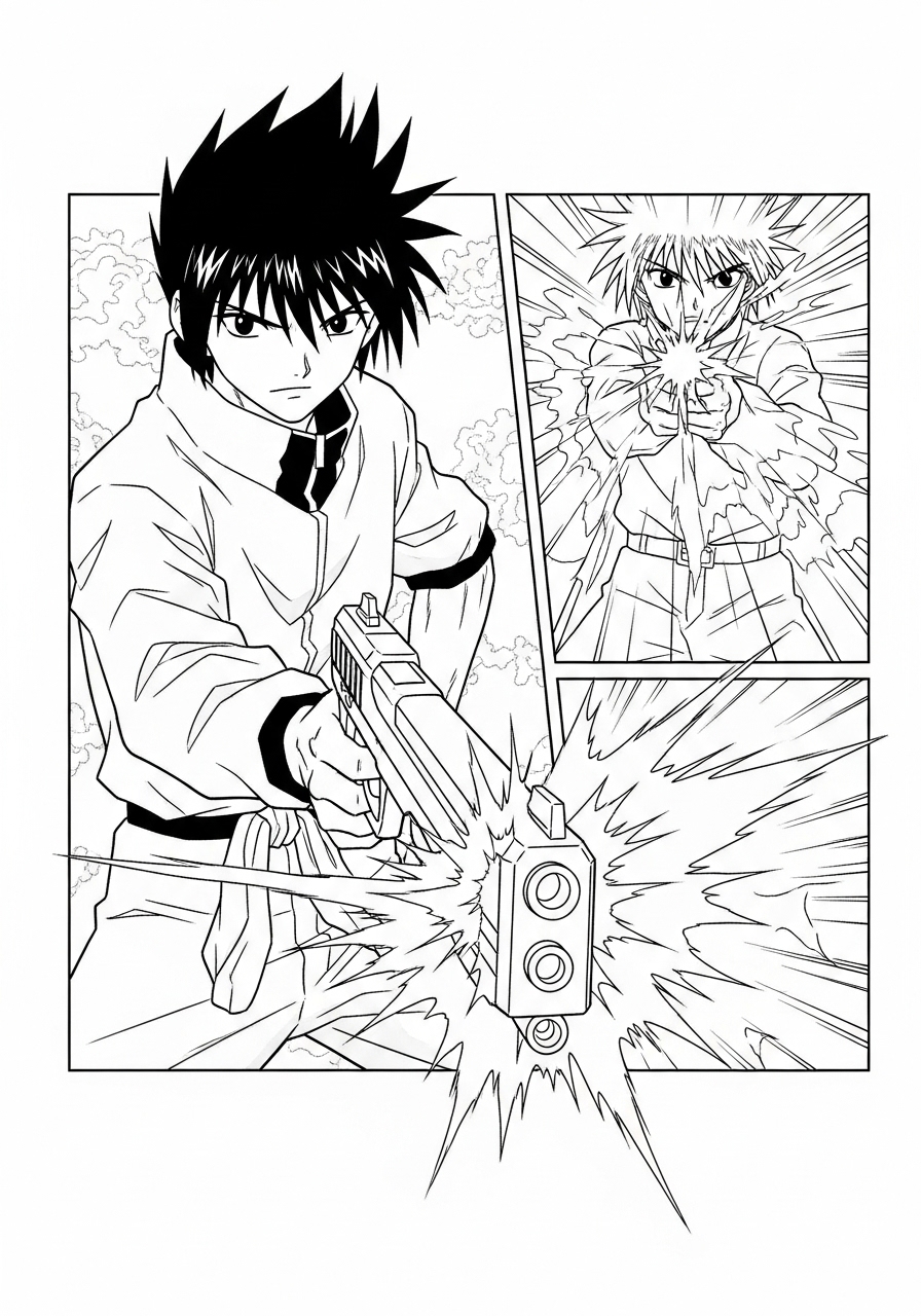 Desenho de Anime com ação e personagens para colorir