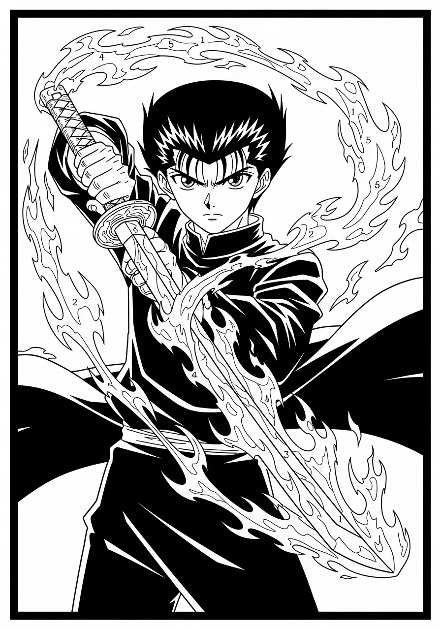 Desenho de Anime com espada e chamas para colorir