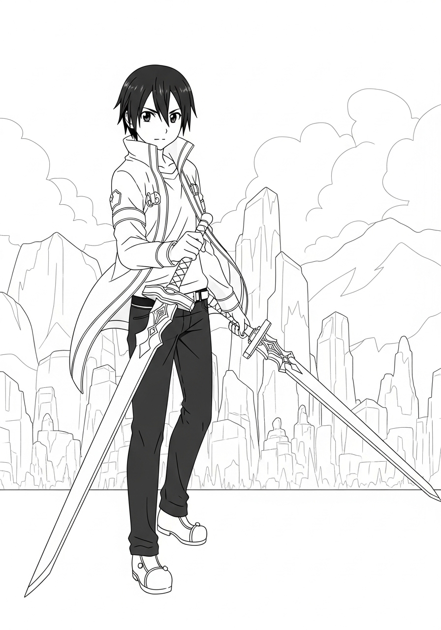 Desenho de Anime com Kirito de Sword Art Online para colorir