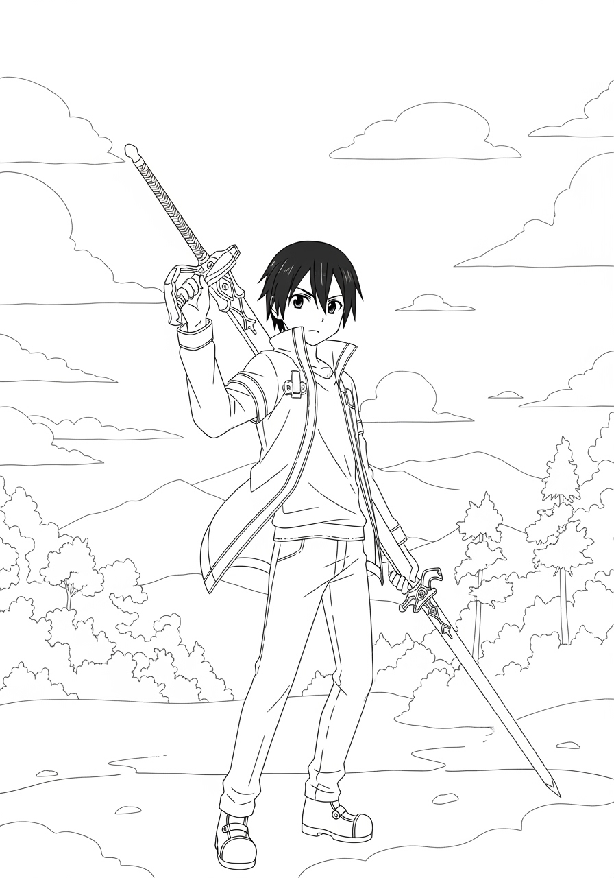 Desenho de Anime com Kirito de Sword Art Online para colorir