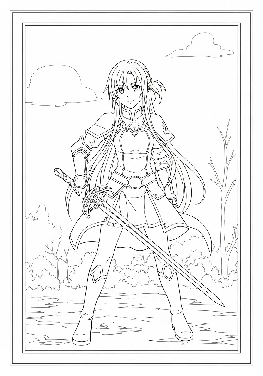 Desenho de Anime com Asuna de Sword Art Online para colorir