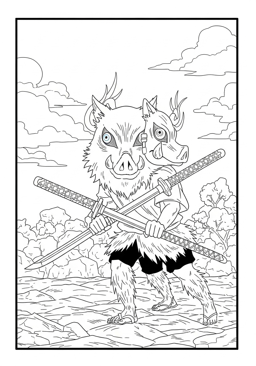 Desenho de Anime com Inosuke de Demon Slayer para colorir