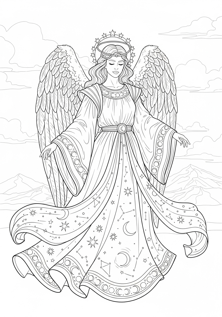 Desenho de Anjo com roupão cheio de estrelas para colorir