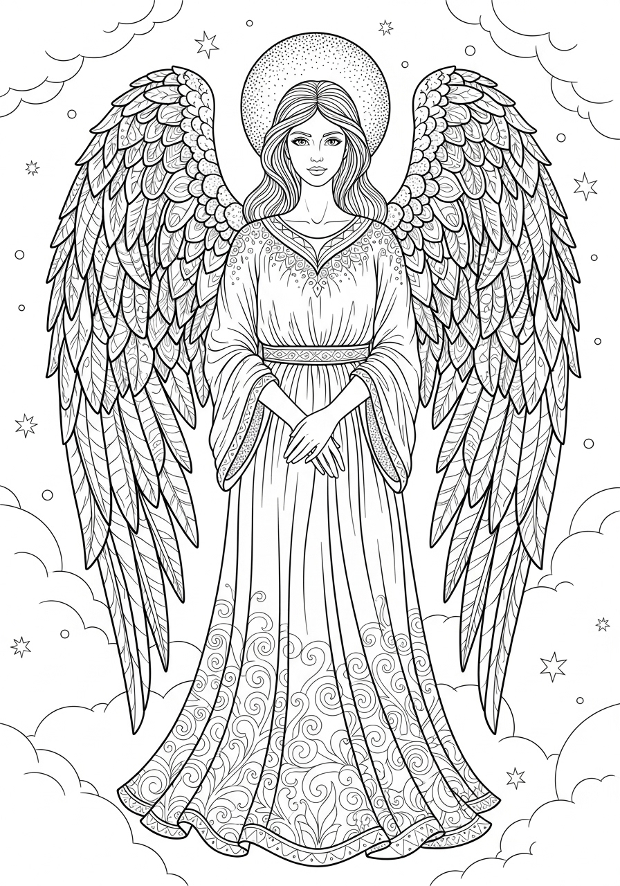 Desenho de Anjo com asas grandes e vestido para colorir
