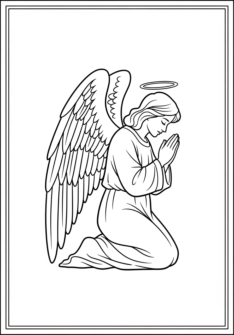 Desenho de Anjo em oração com asas longas para colorir