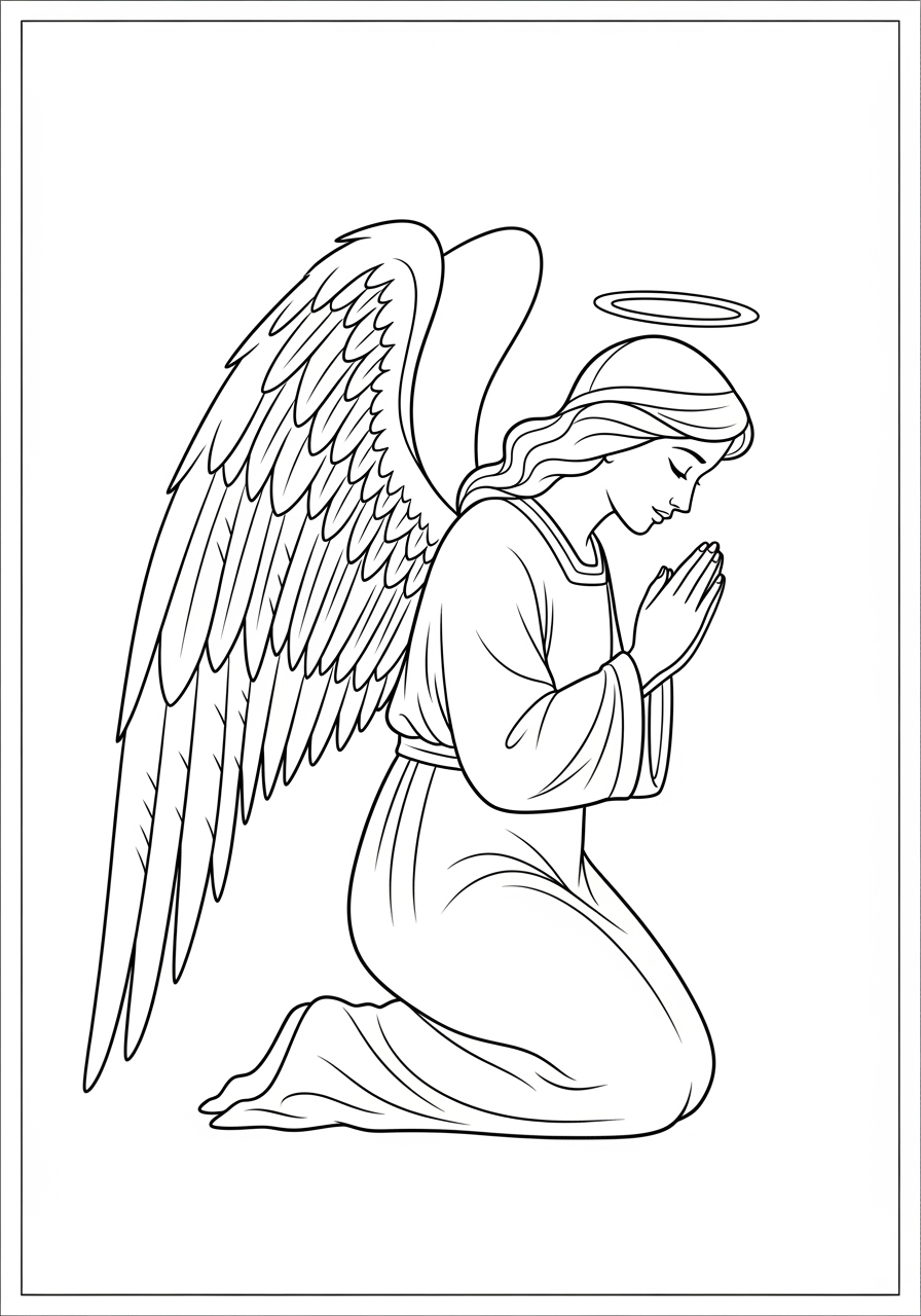 Desenho de Anjo ajoelhado com auréola para colorir