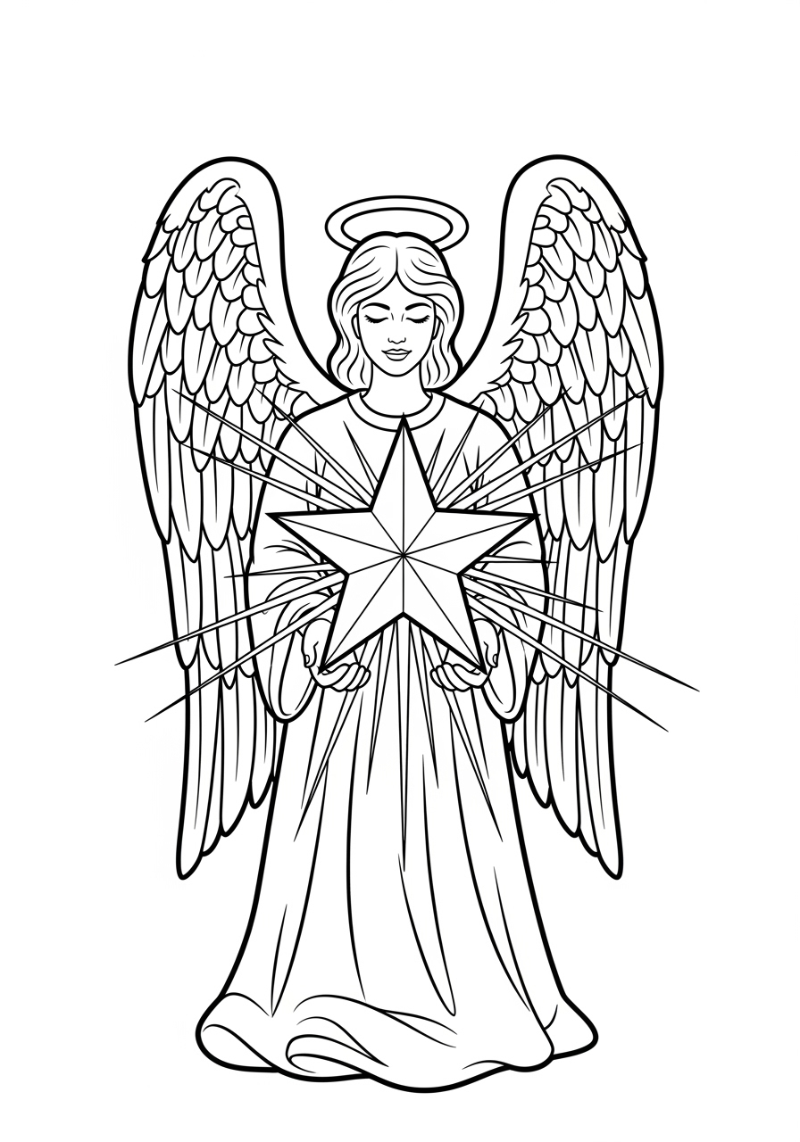 Desenho de Anjo segurando estrela brilhante para colorir