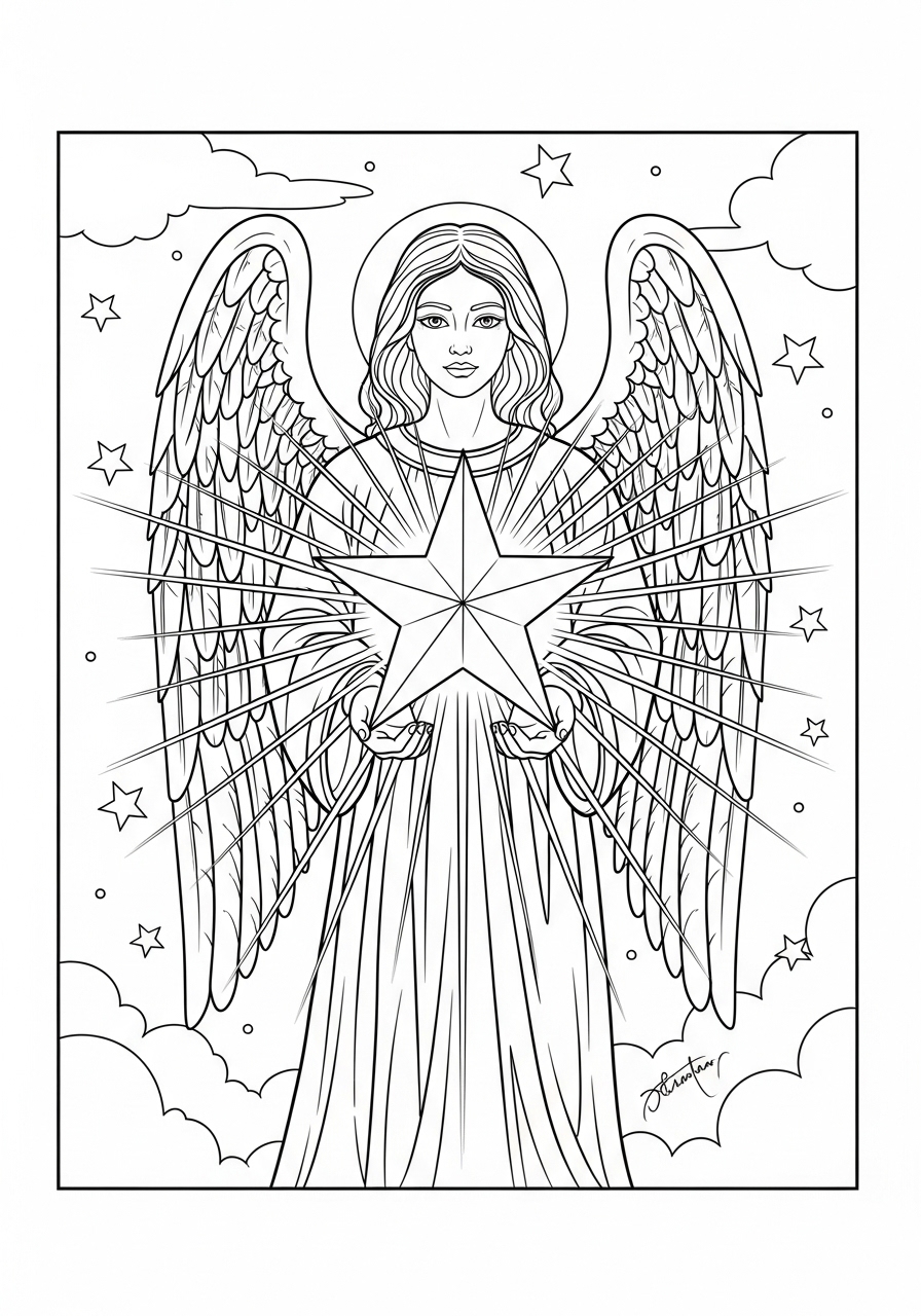 Desenho de Anjo segurando estrela brilhante para colorir