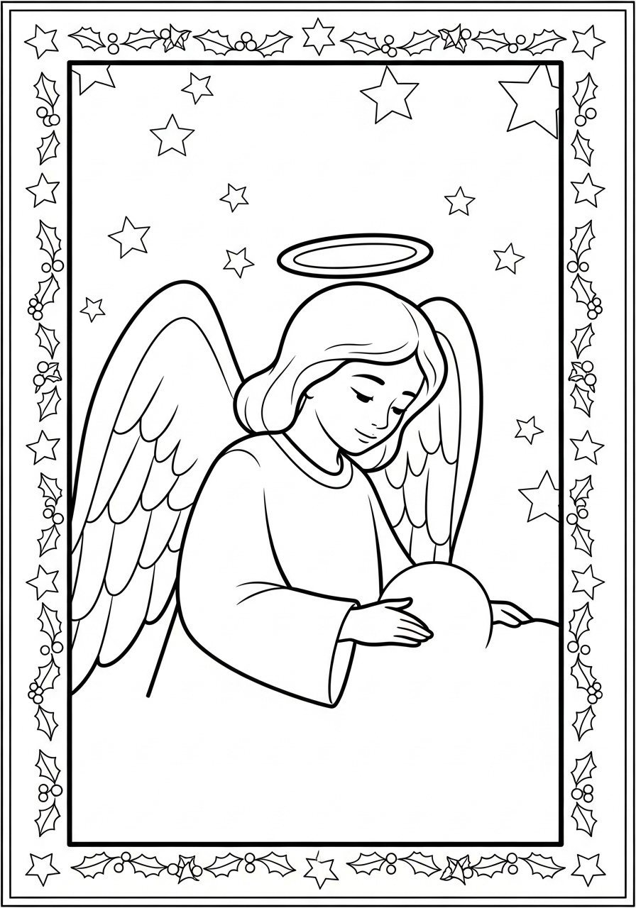 Desenho de Anjo com halo e estrelas para colorir