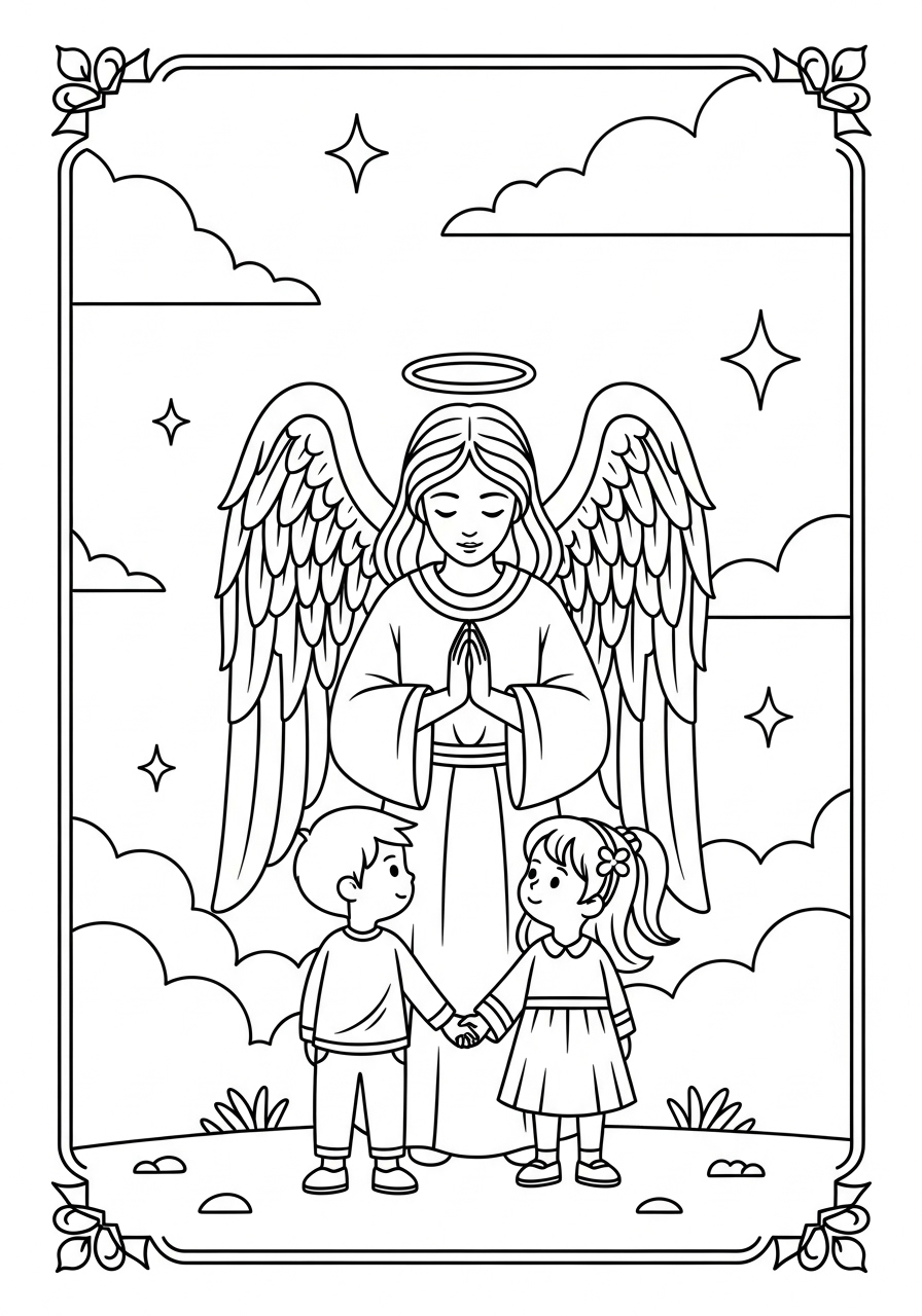 Desenho de Anjo com crianças de mãos dadas para colorir
