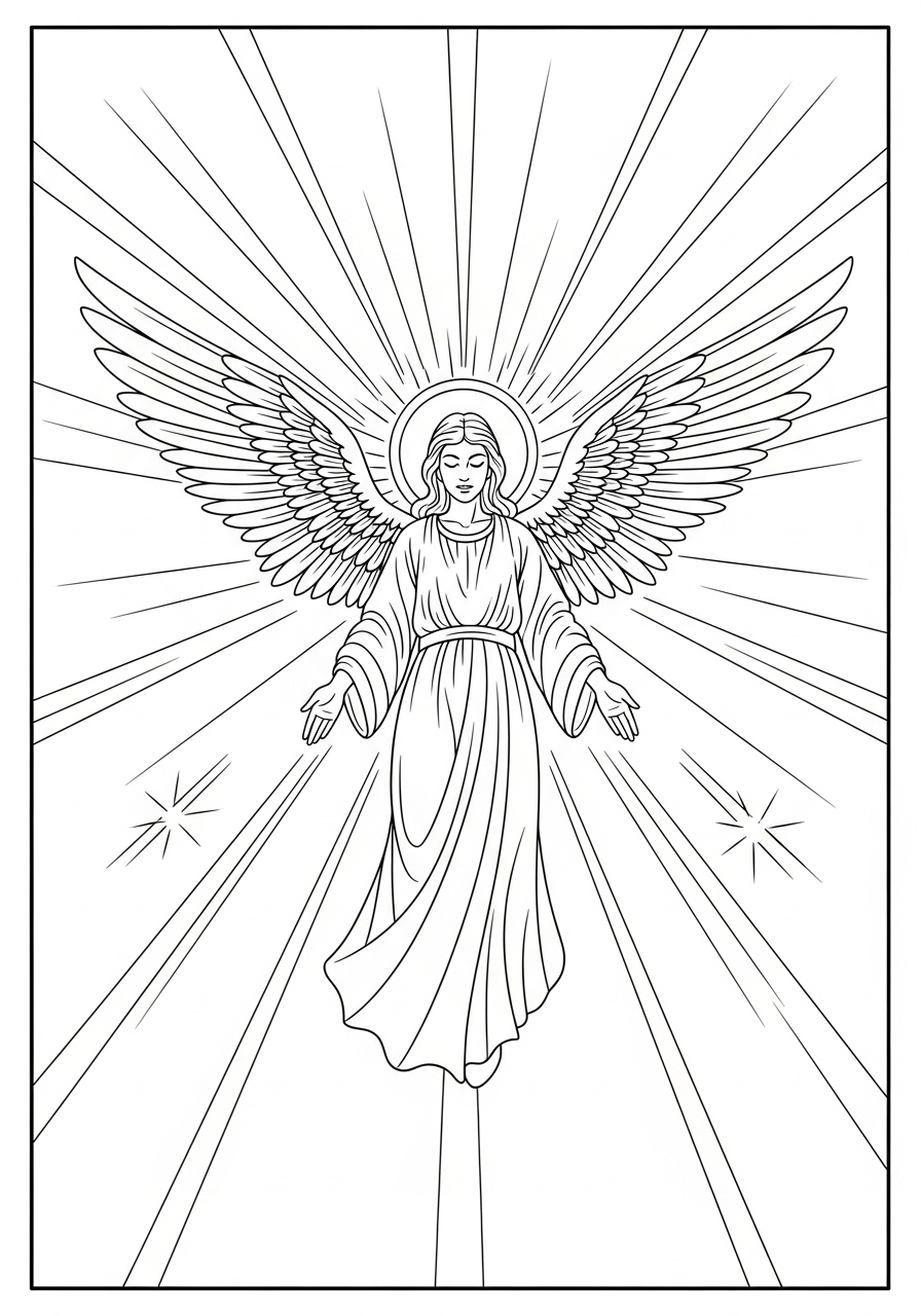 Desenho de Anjo com asas abertas e raios de luz para colorir