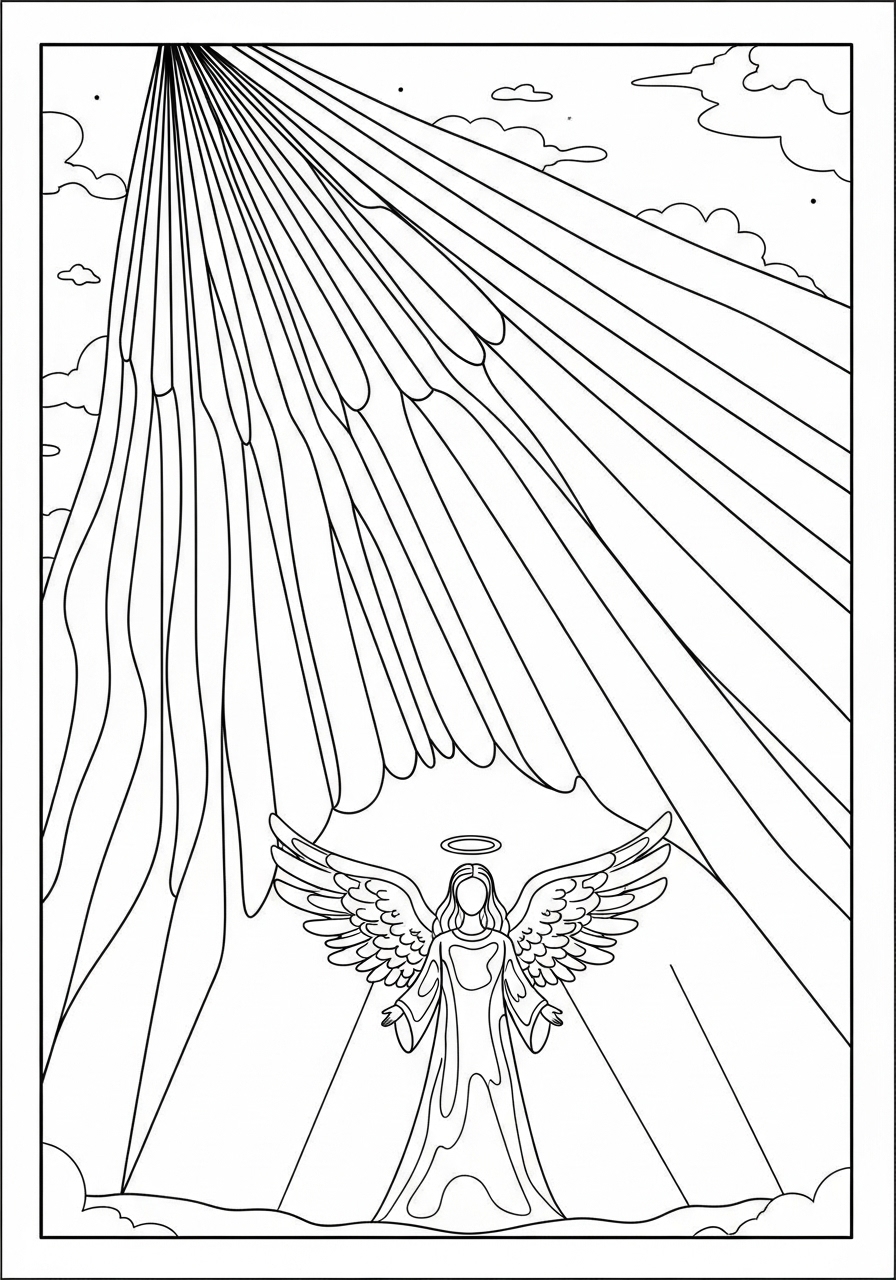 Desenho de Anjo com asas abertas e raios de luz para colorir