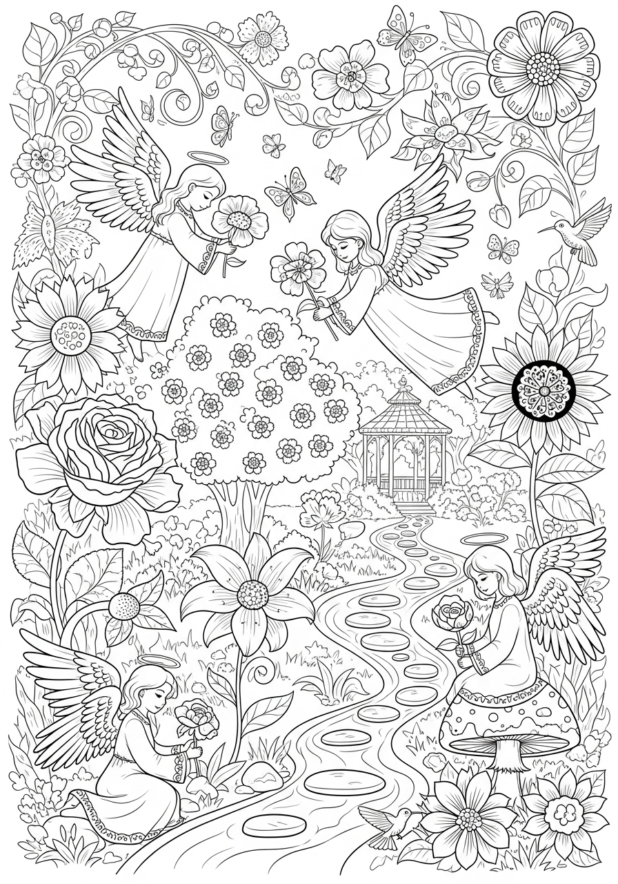 Desenho de Anjos rodeados por flores e árvores para colorir