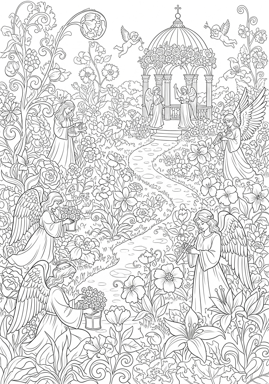 Desenho de Anjos em um jardim florido para colorir
