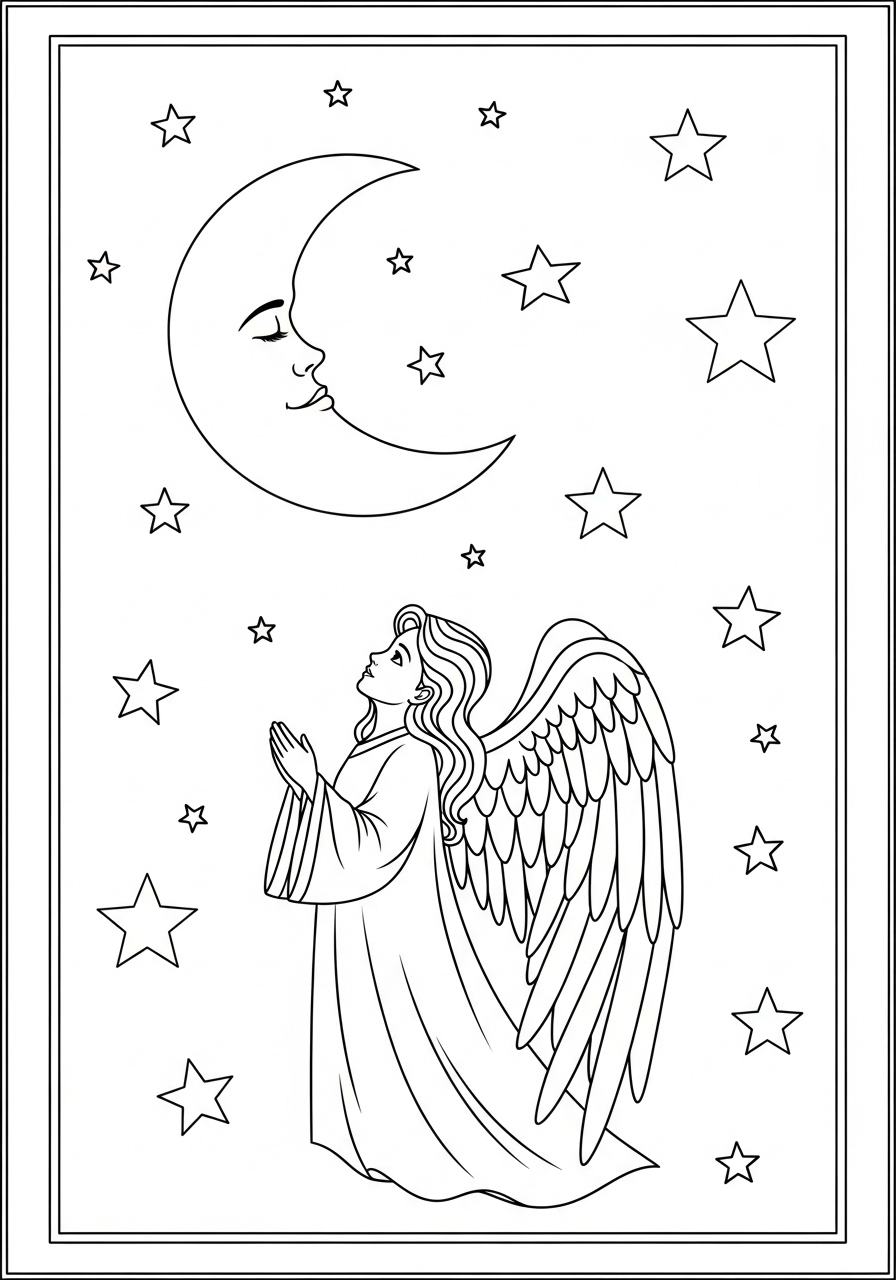 Desenho de Anjo orando com lua e estrelas para colorir
