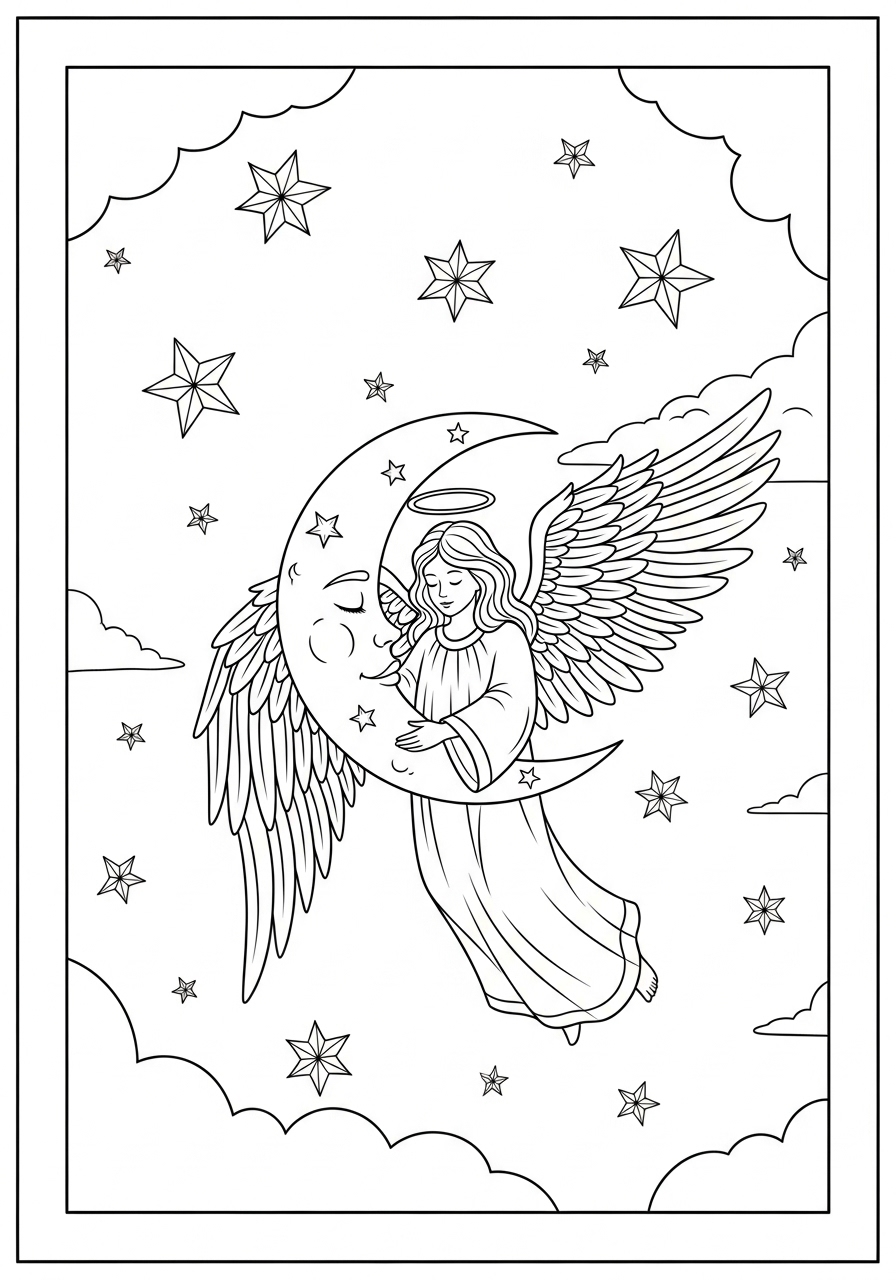 Desenho de Anjo segurando a lua e estrelas para colorir