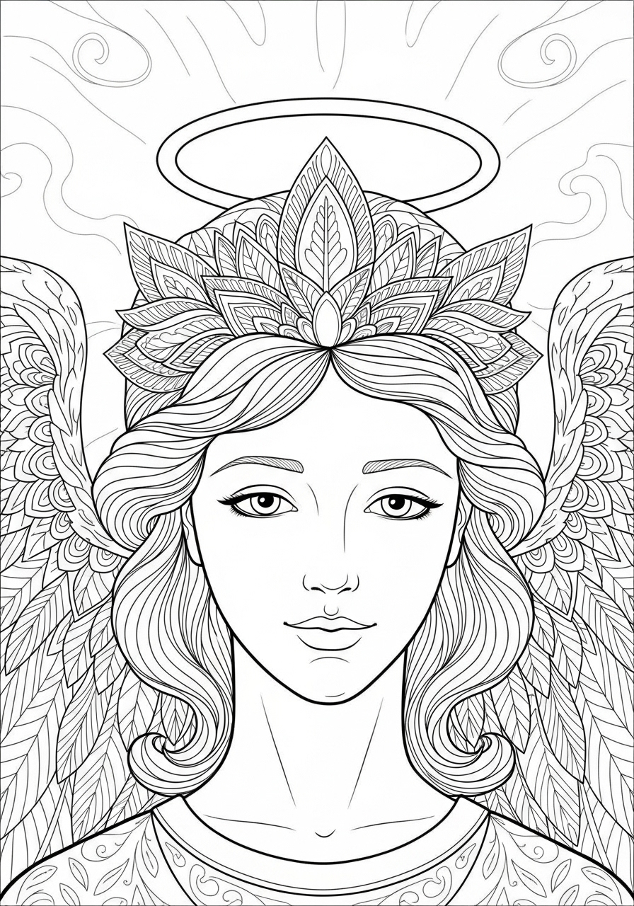 Desenho de Anjo com halo e detalhes florais para colorir