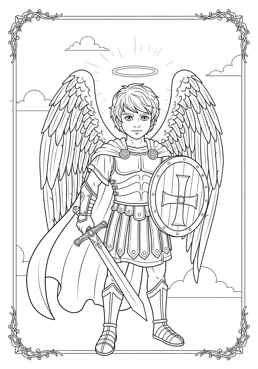 Desenho de Anjo guerreiro com espada e escudo para colorir