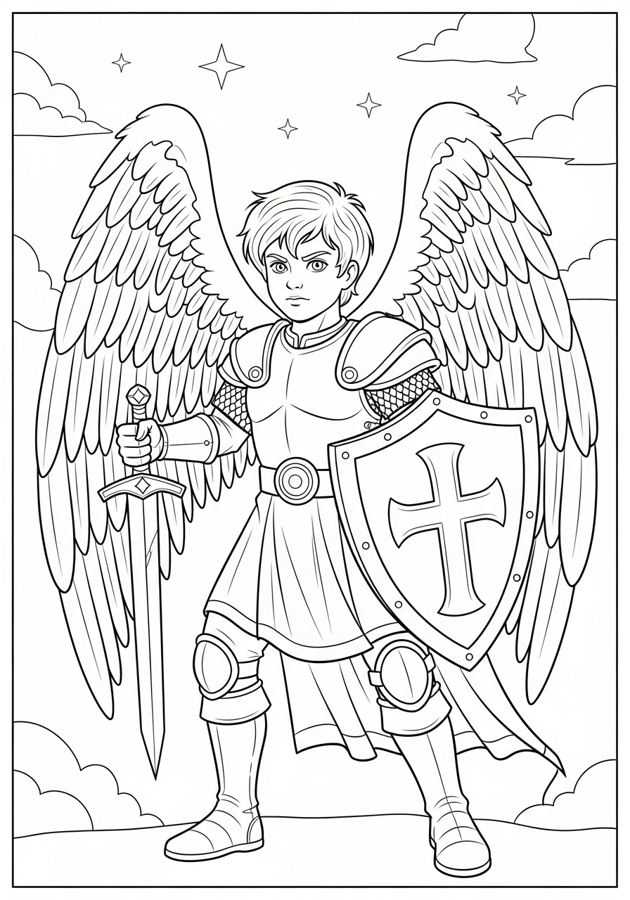 Desenho de Anjo guerreiro com espada e escudo para colorir