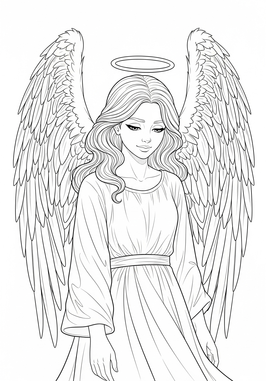Desenho de Anjo com asas grandes e halo para colorir