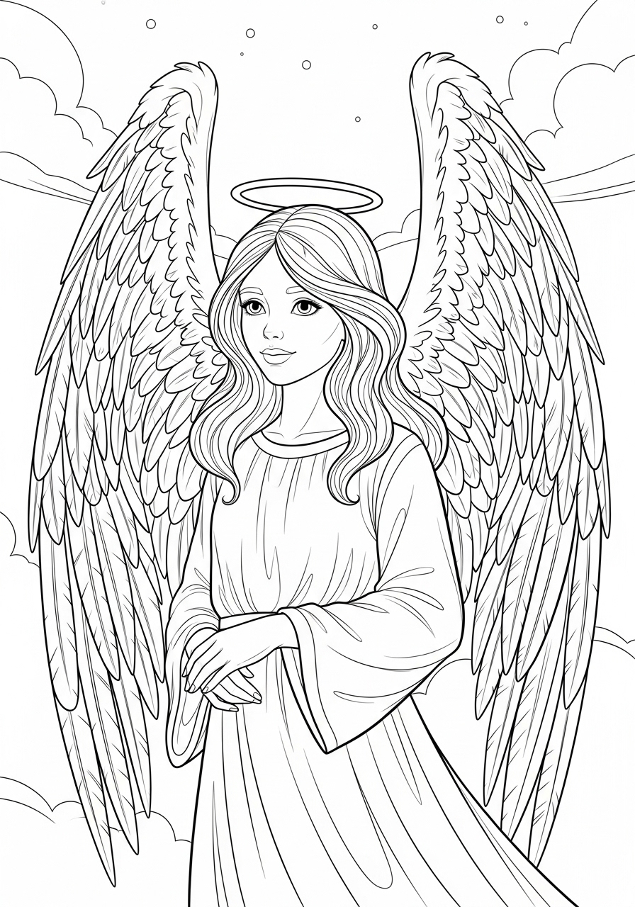 Desenho de Anjo com asas grandes e auréola para colorir
