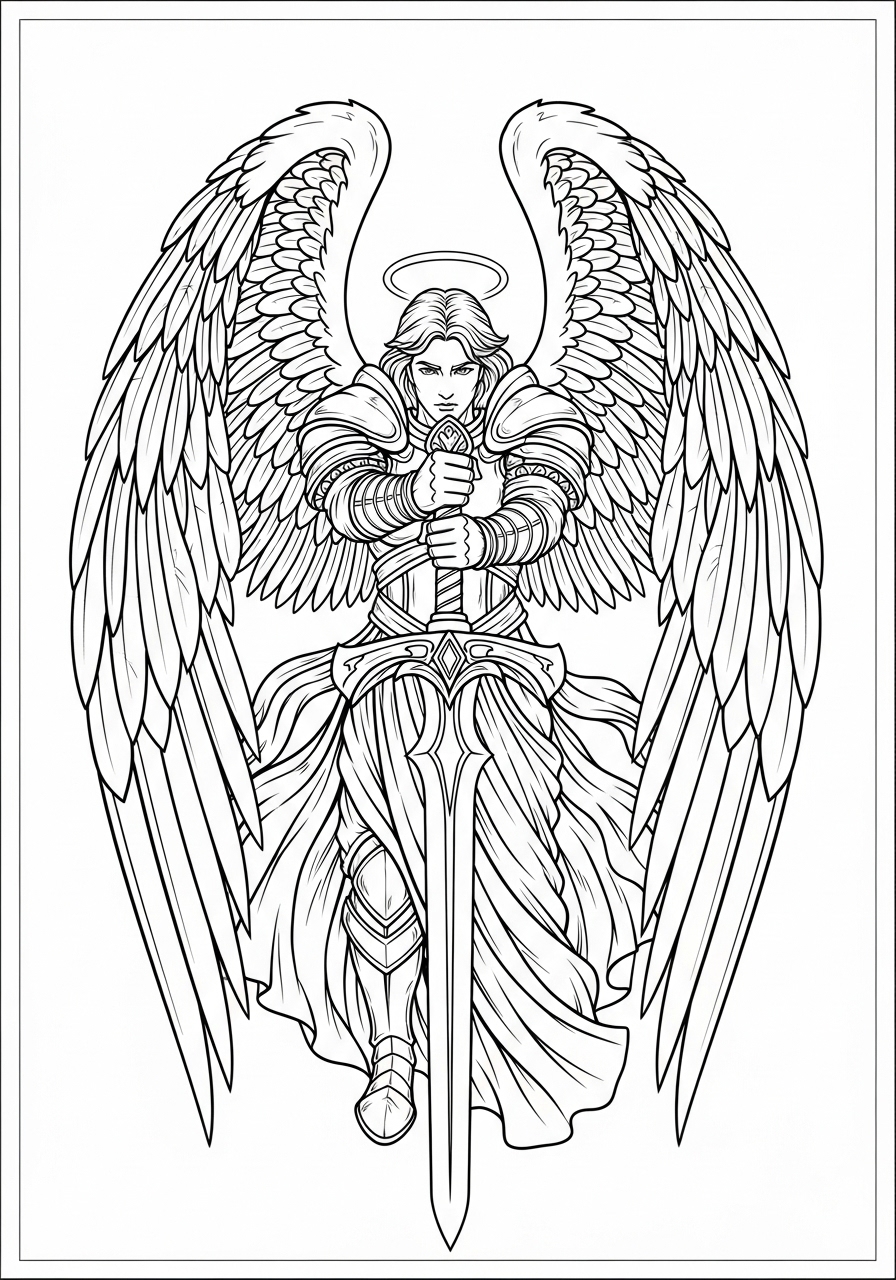 Desenho de Anjo guerreiro com espada para colorir