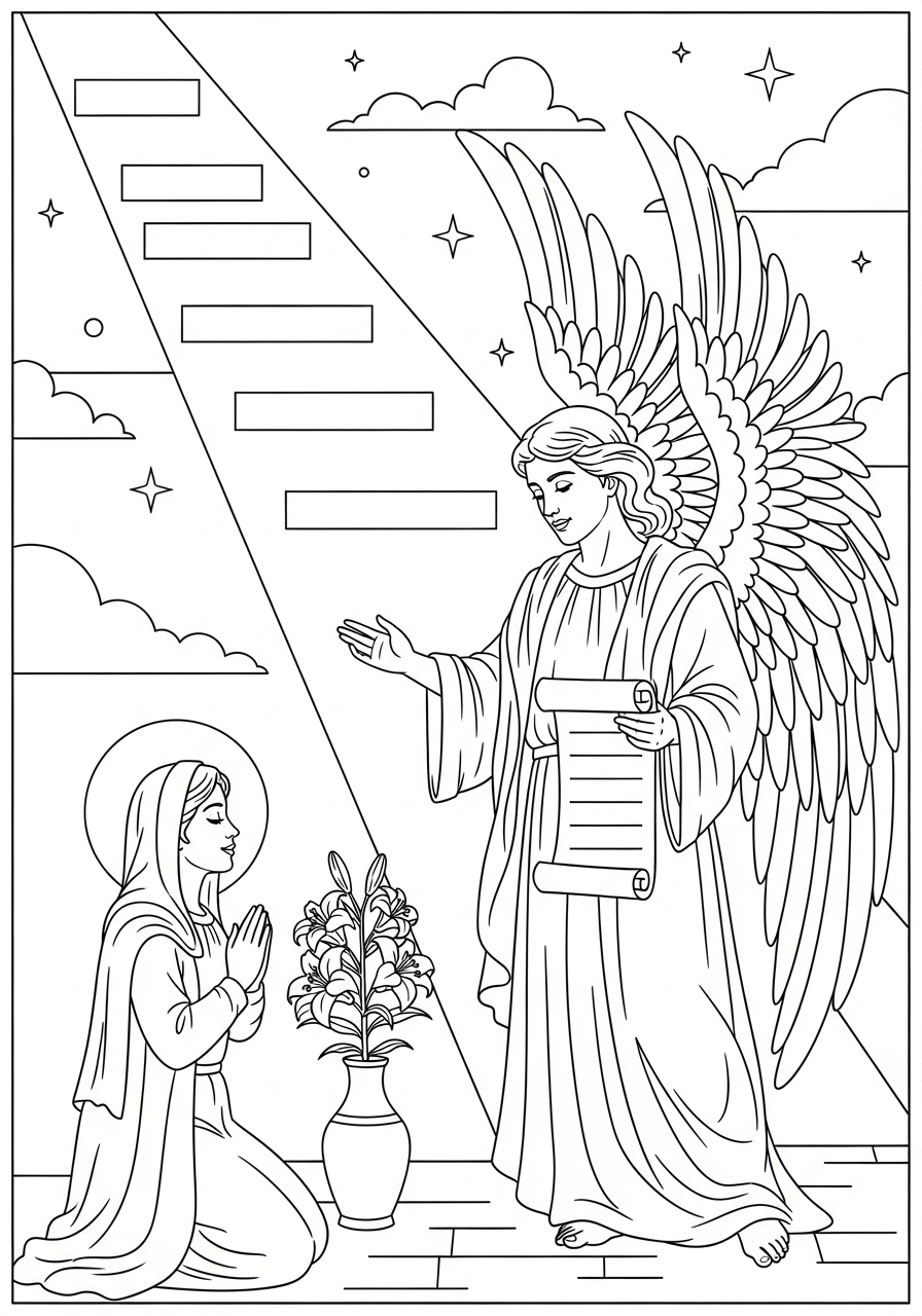 Desenho de Anjo com mulher orando e flores para colorir