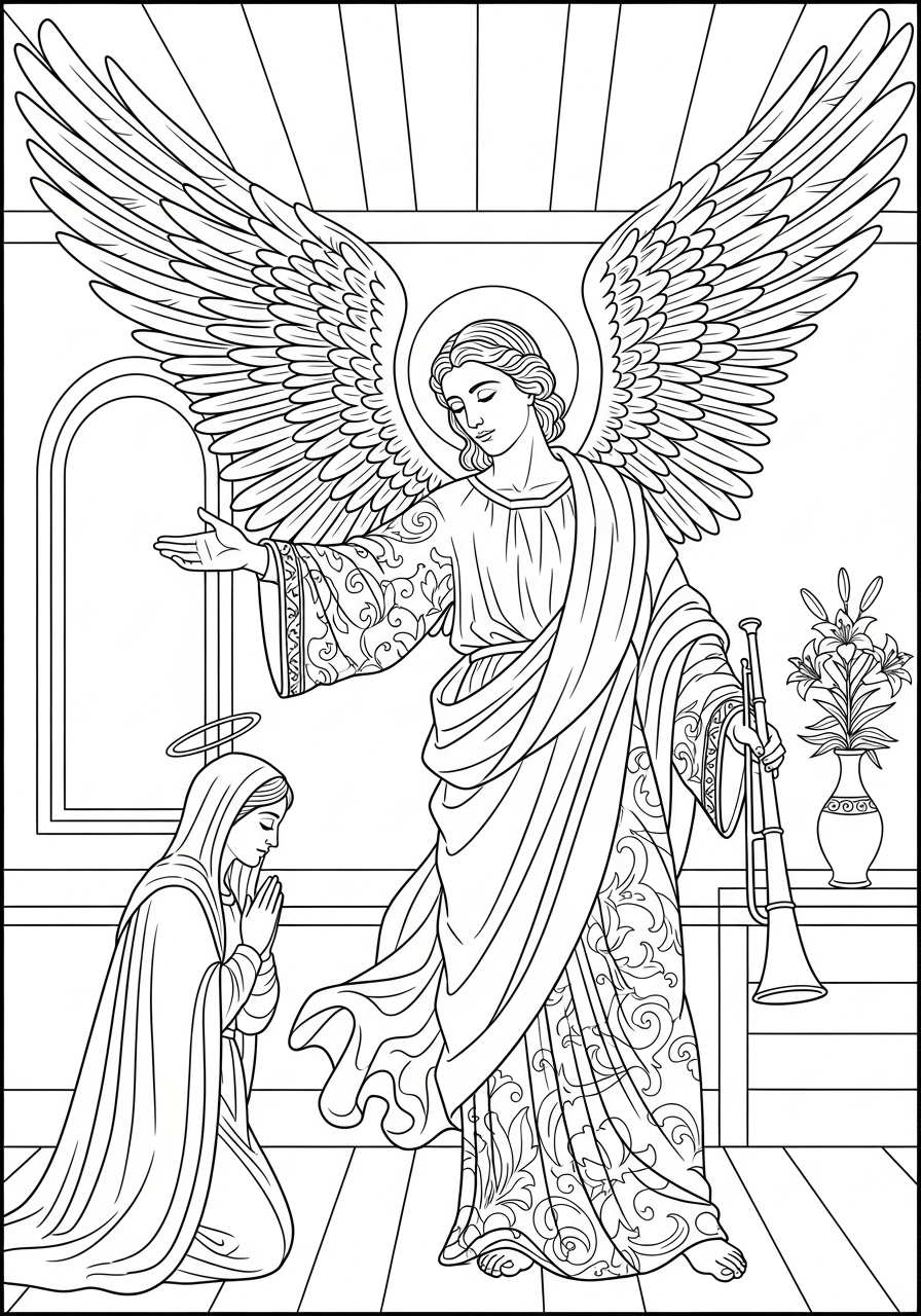 Desenho de Anjo com mulher ajoelhada para colorir