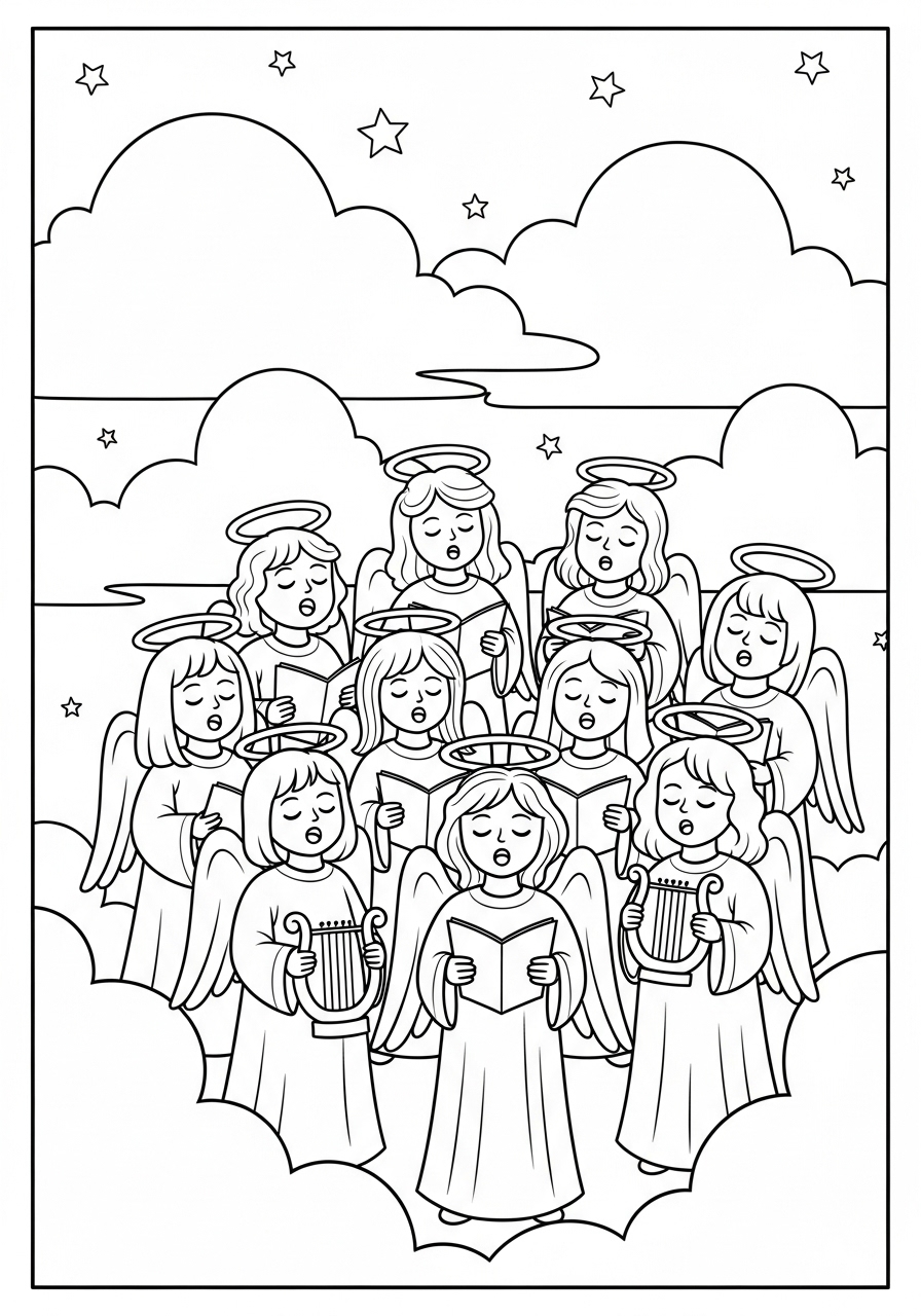 Desenho de Anjos cantando em nuvens para colorir