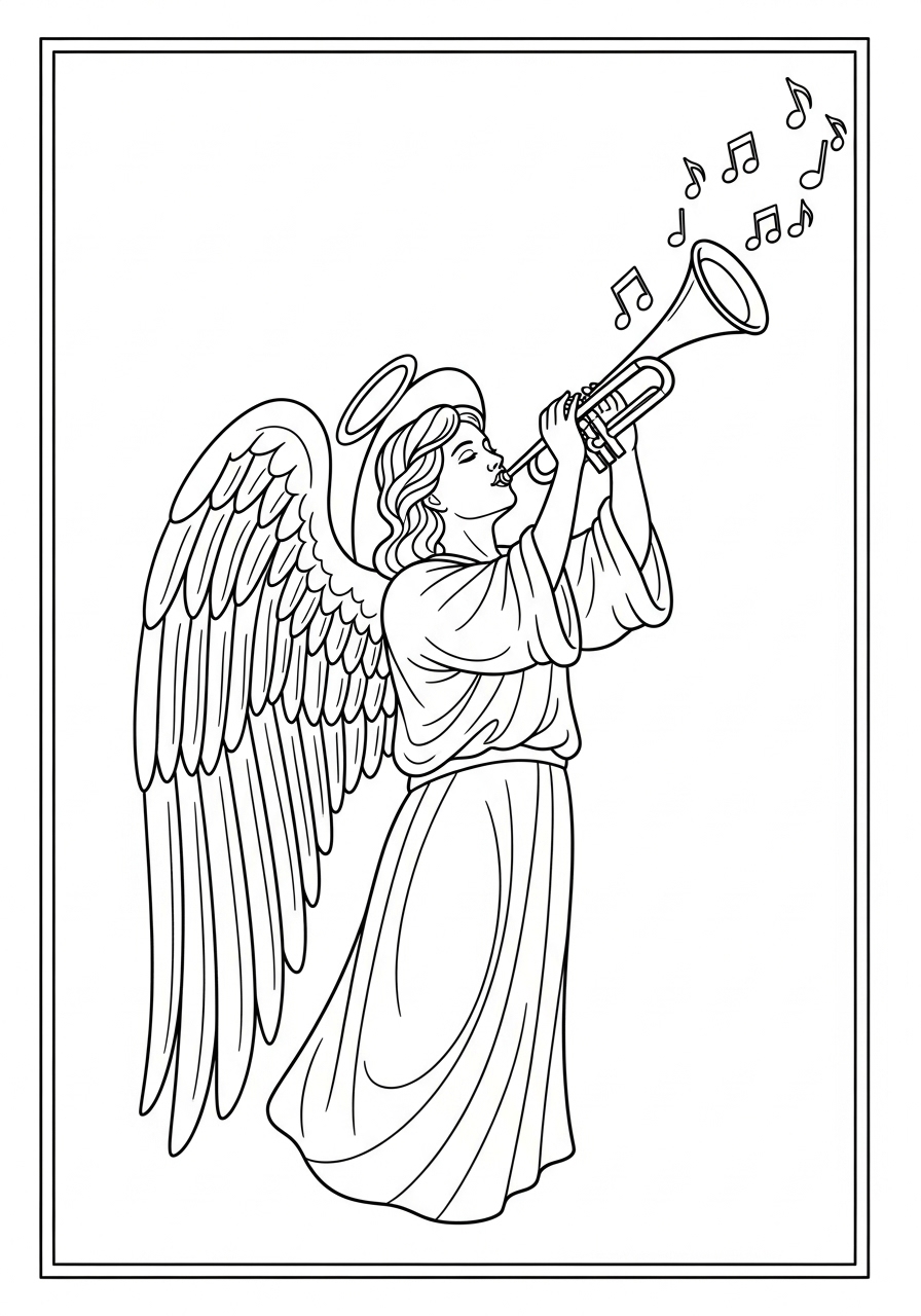 Desenho de Anjo tocando trompete com notas musicais para colorir