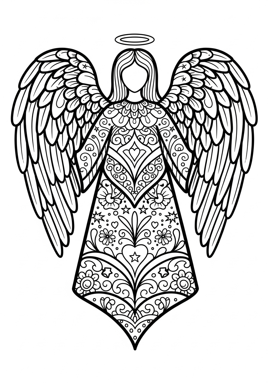 Desenho de Anjo com asas grandes e detalhes florais para colorir