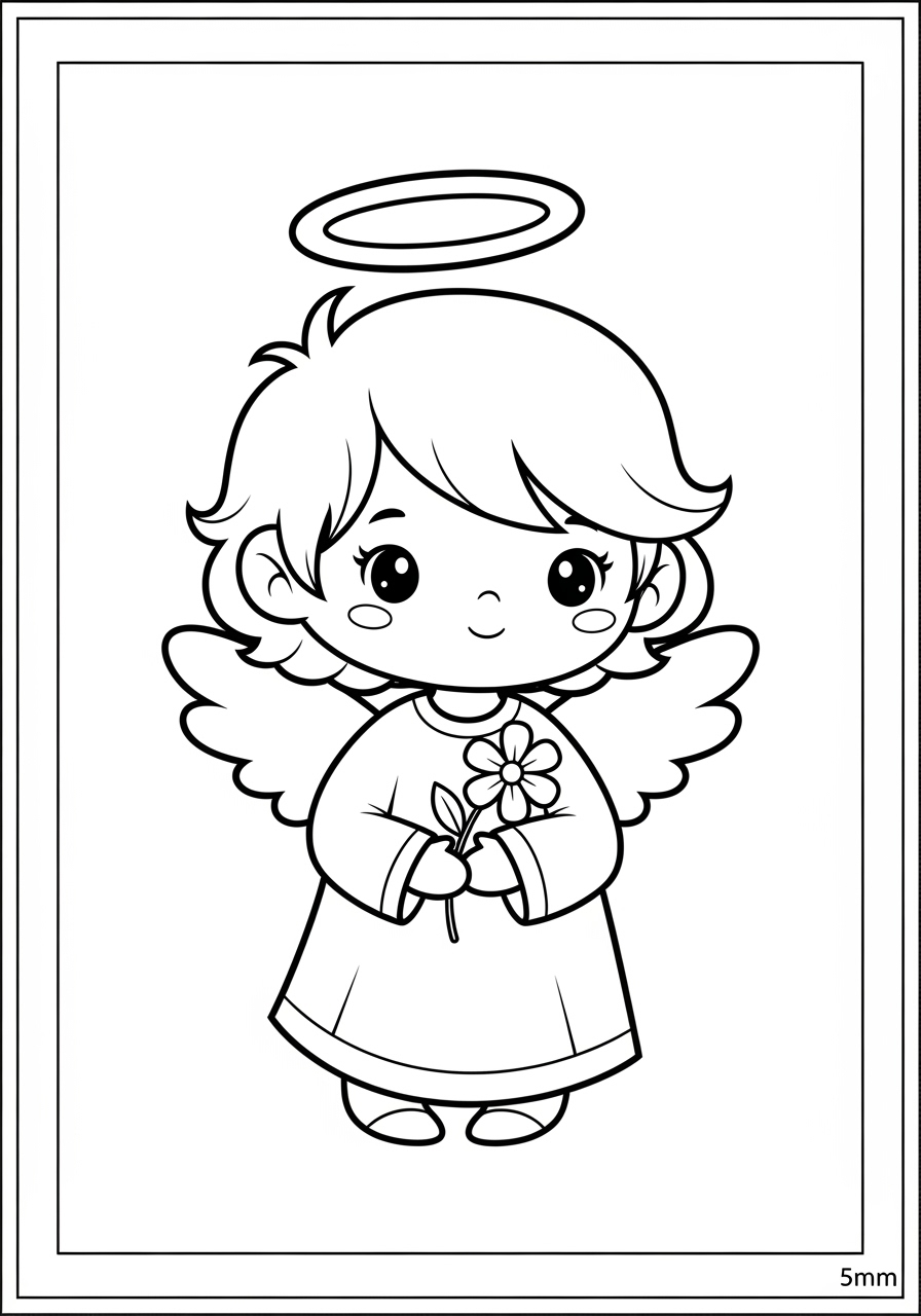 Desenho de Anjo fofo segurando uma flor para colorir