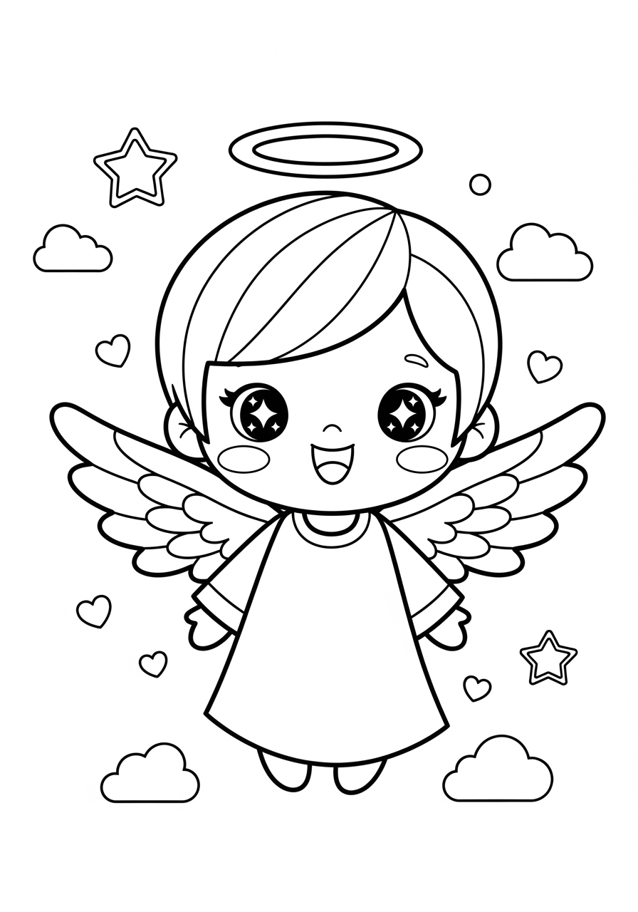 Desenho de Anjo com asas e halo para colorir