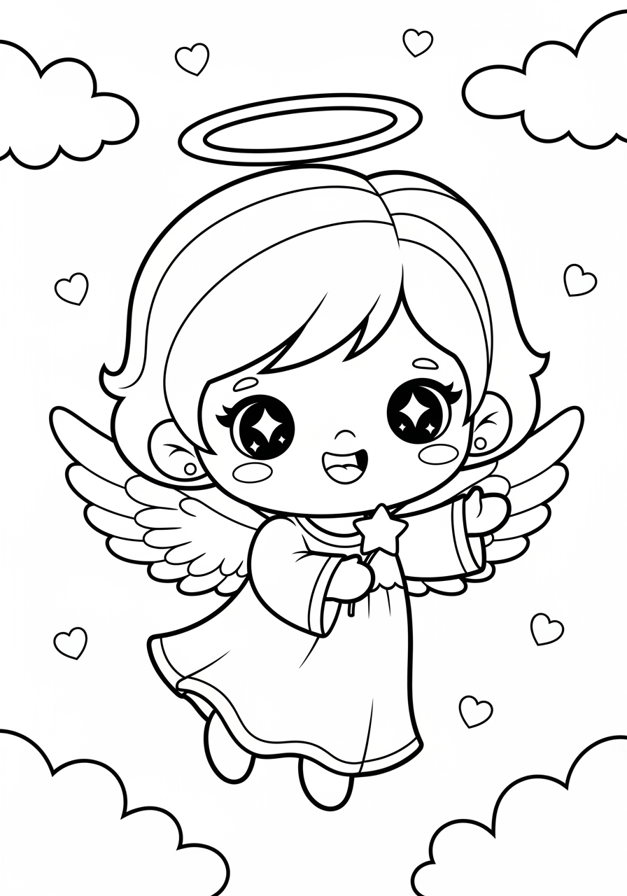 Desenho de Anjo fofo com nuvens e coração para colorir