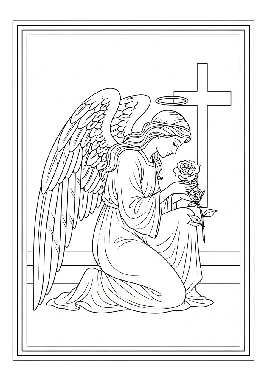 Desenho de Anjo ajoelhado com rosa e cruz para colorir