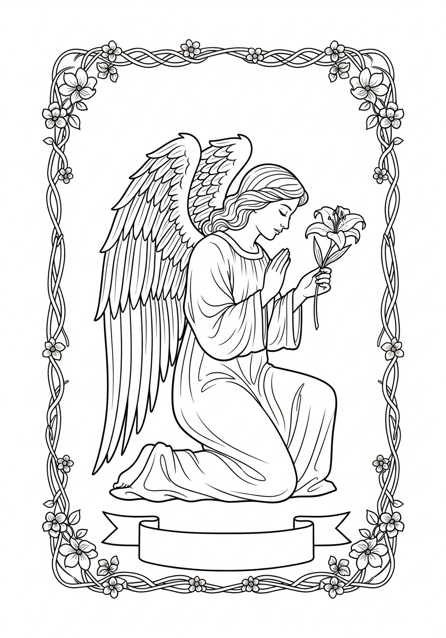 Desenho de Anjo em oração com flores para colorir