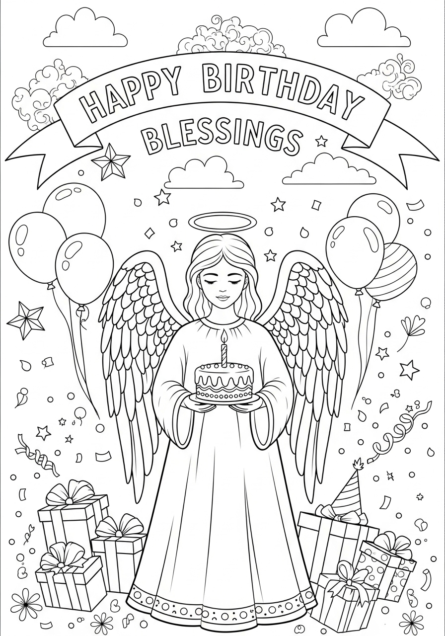 Desenho de Anjo segurando bolo de aniversário para colorir